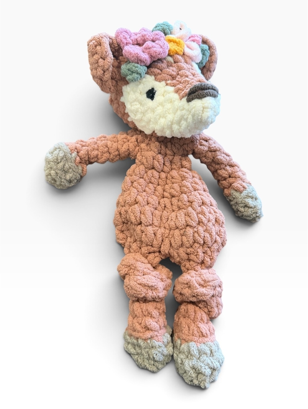 Handmade Crochet Plush Deer Toy with Floral Accents